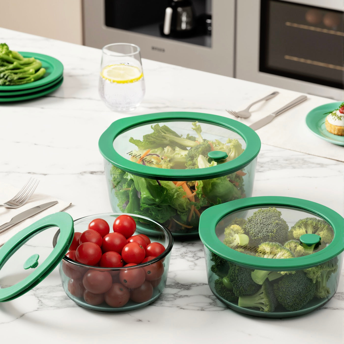 Aloe - Lot De 3 Boîtes De Conservation Rondes En Verre Avec Couvercle Silicone - 40/65/95Cl - Vert