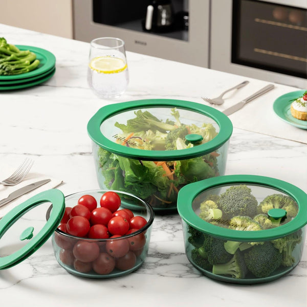 Aloe - Lot De 3 Boîtes De Conservation Rondes En Verre Avec Couvercle Silicone - 40/65/95Cl - Vert