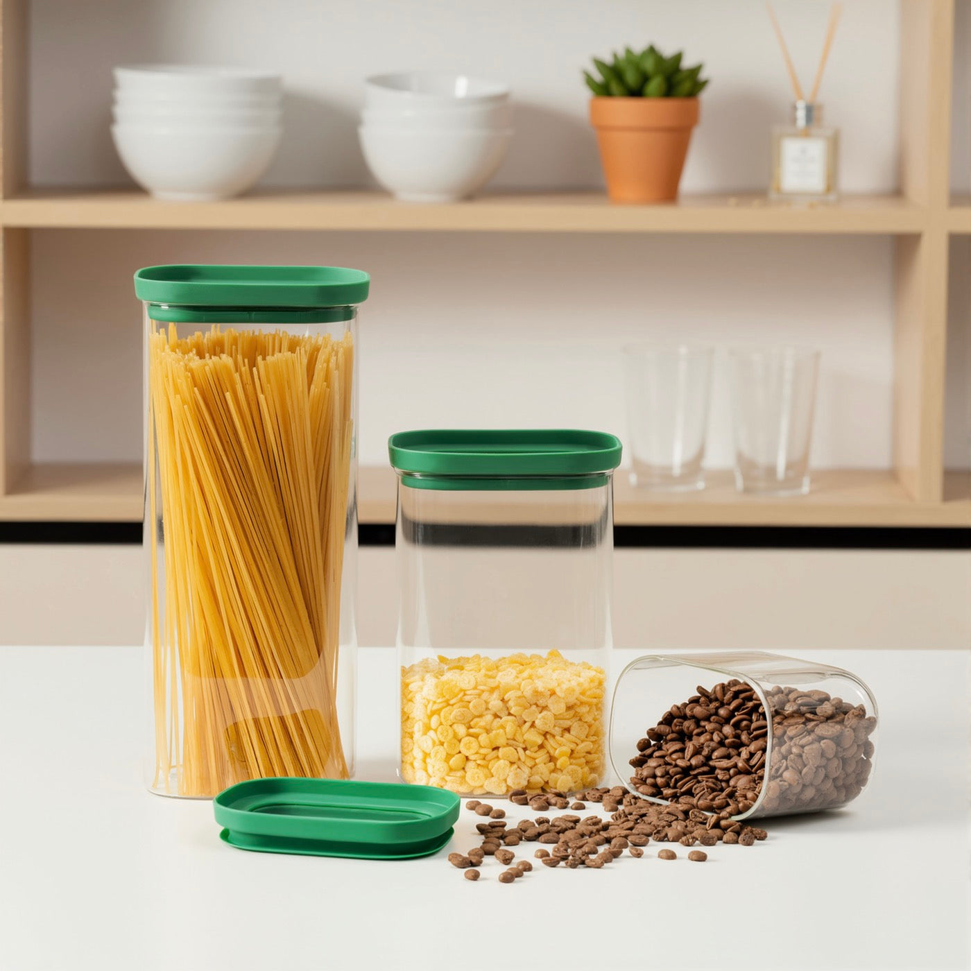 Aloe - Lot De 3 Bocaux De Conservation Alimentaire En Verre Avec Couvercle Silicone - 60/130/200Cl - Vert/Transparent