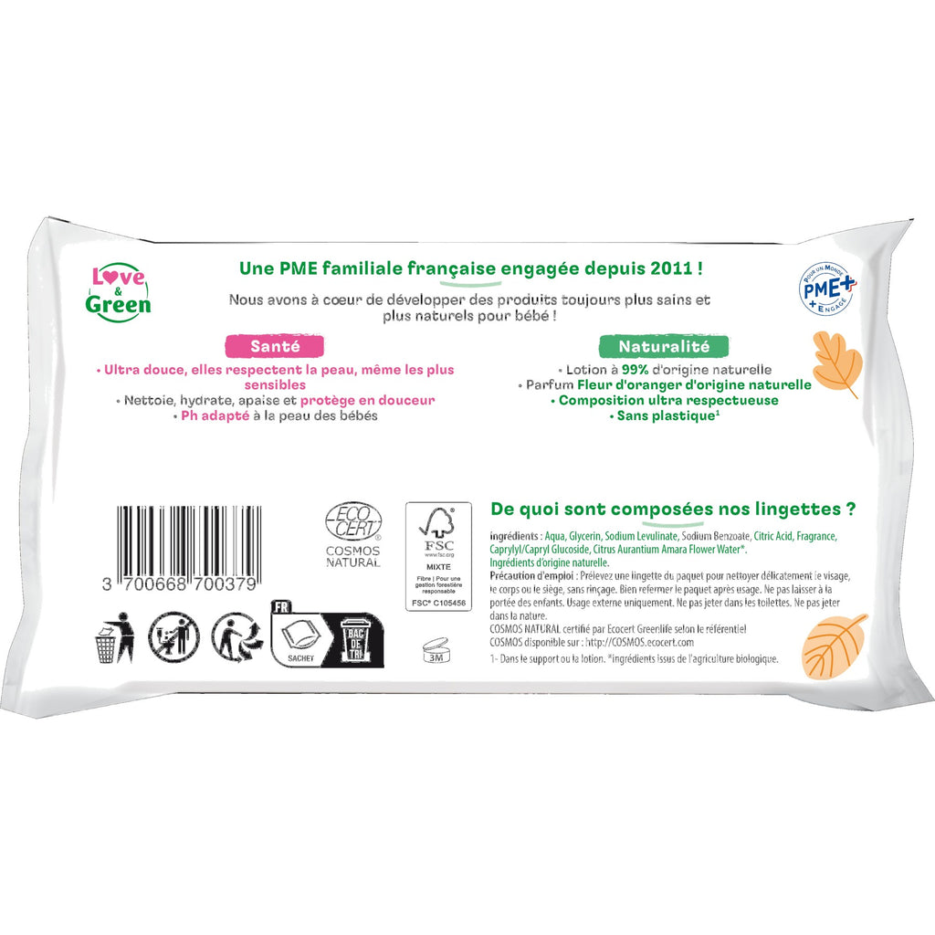 Orange Blossom Scented Ecological Wipes - 100% Naturally Derived Fibres - 64 Wipes