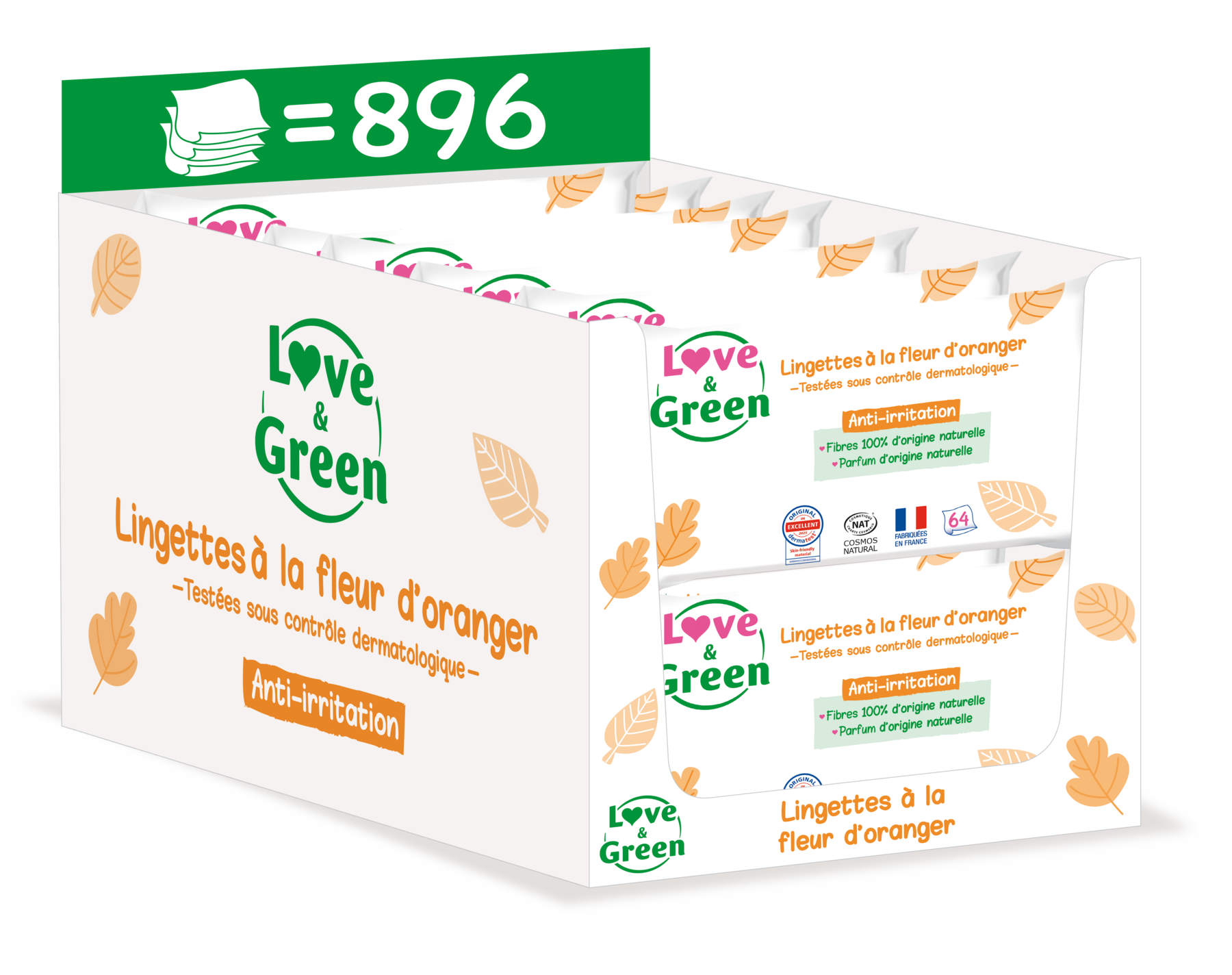 Orange Blossom Scented Ecological Wipes - 100% Naturally Derived Fibres - 64 Wipes