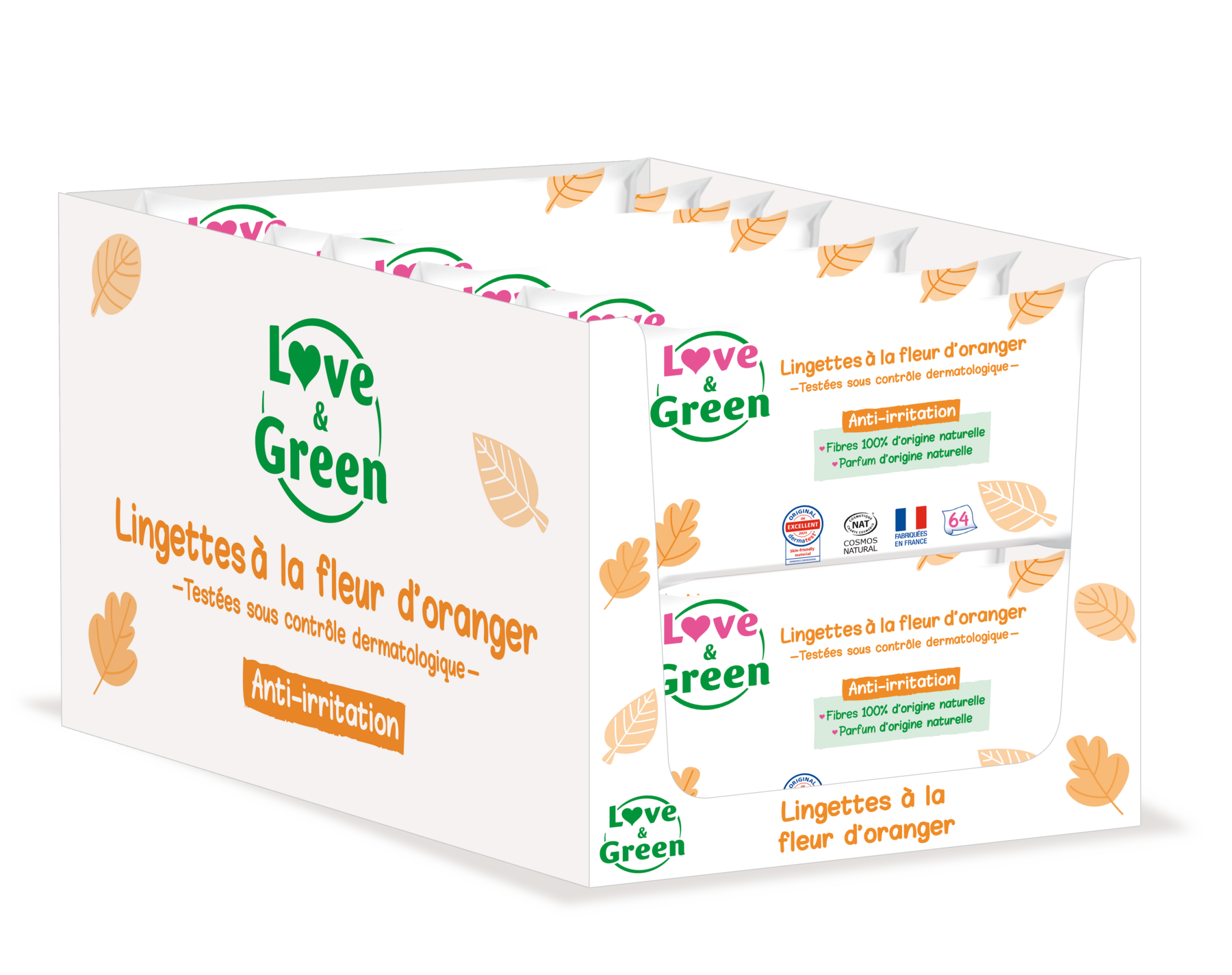 Orange Blossom Scented Ecological Wipes - 100% Naturally Derived Fibres - 64 Wipes
