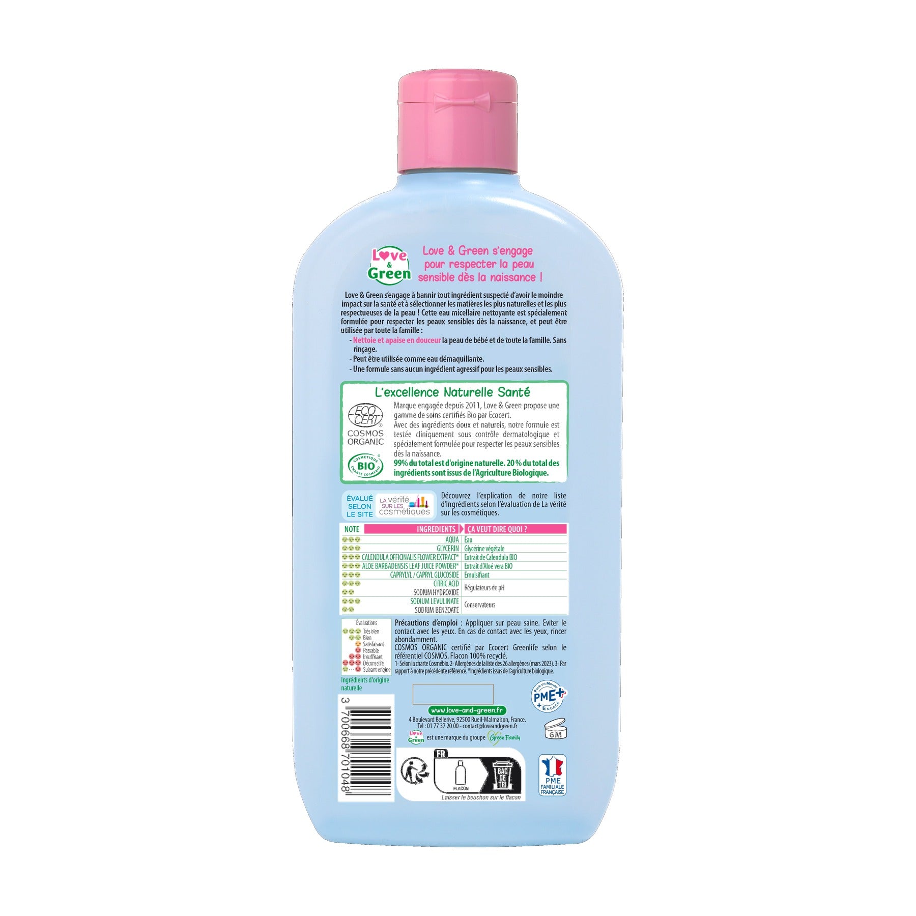 Eau Nettoyante Certifiée Bio Sans Parfum, 500Ml