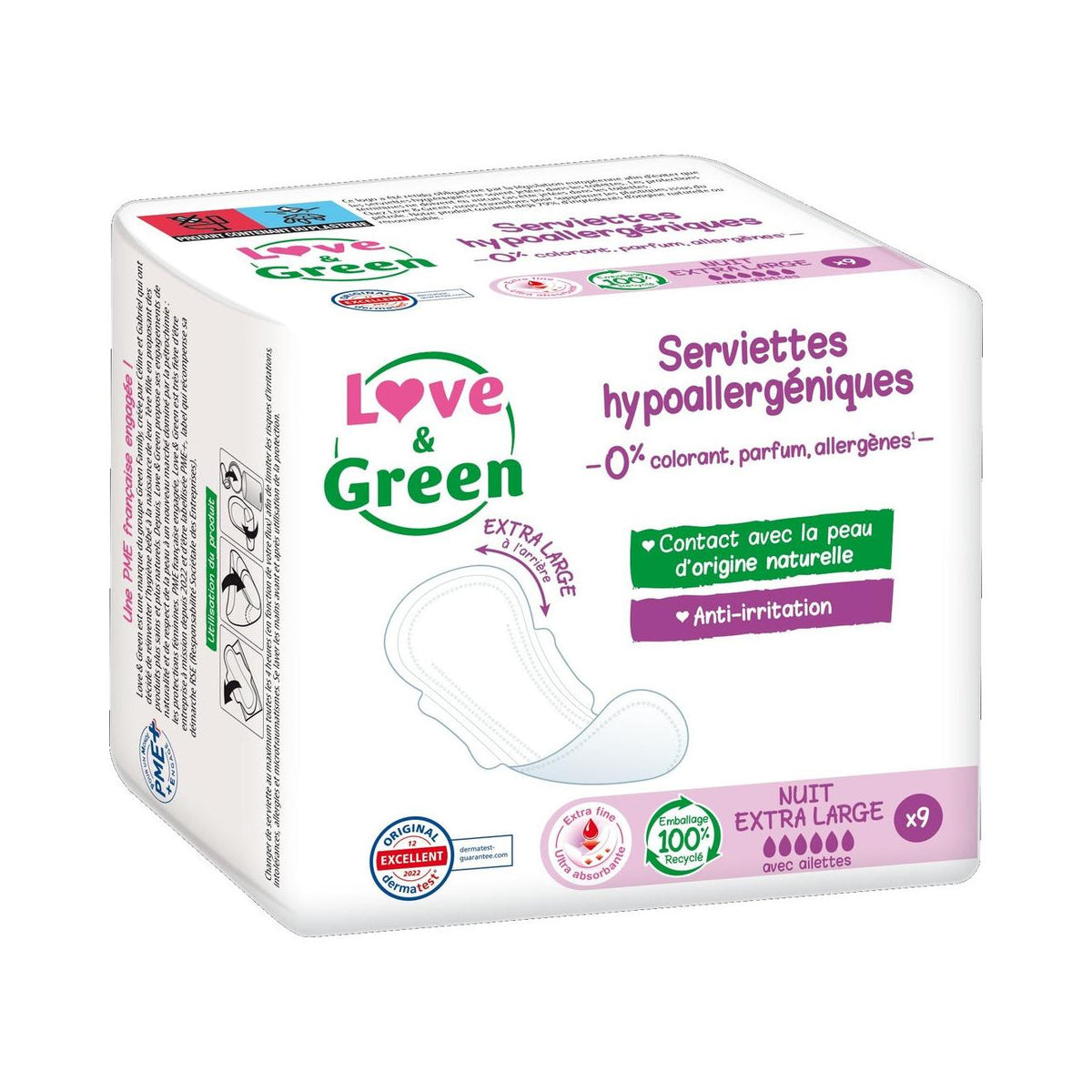 Serviettes Hypoallergéniques Et Écologiques "Nuit Extra Large" X 9