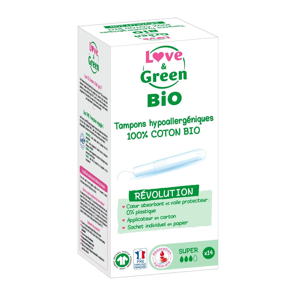Tampons 100% Coton Bio Hypoallergéniques Et Écologiques Avec Applicateur "Super" X 14