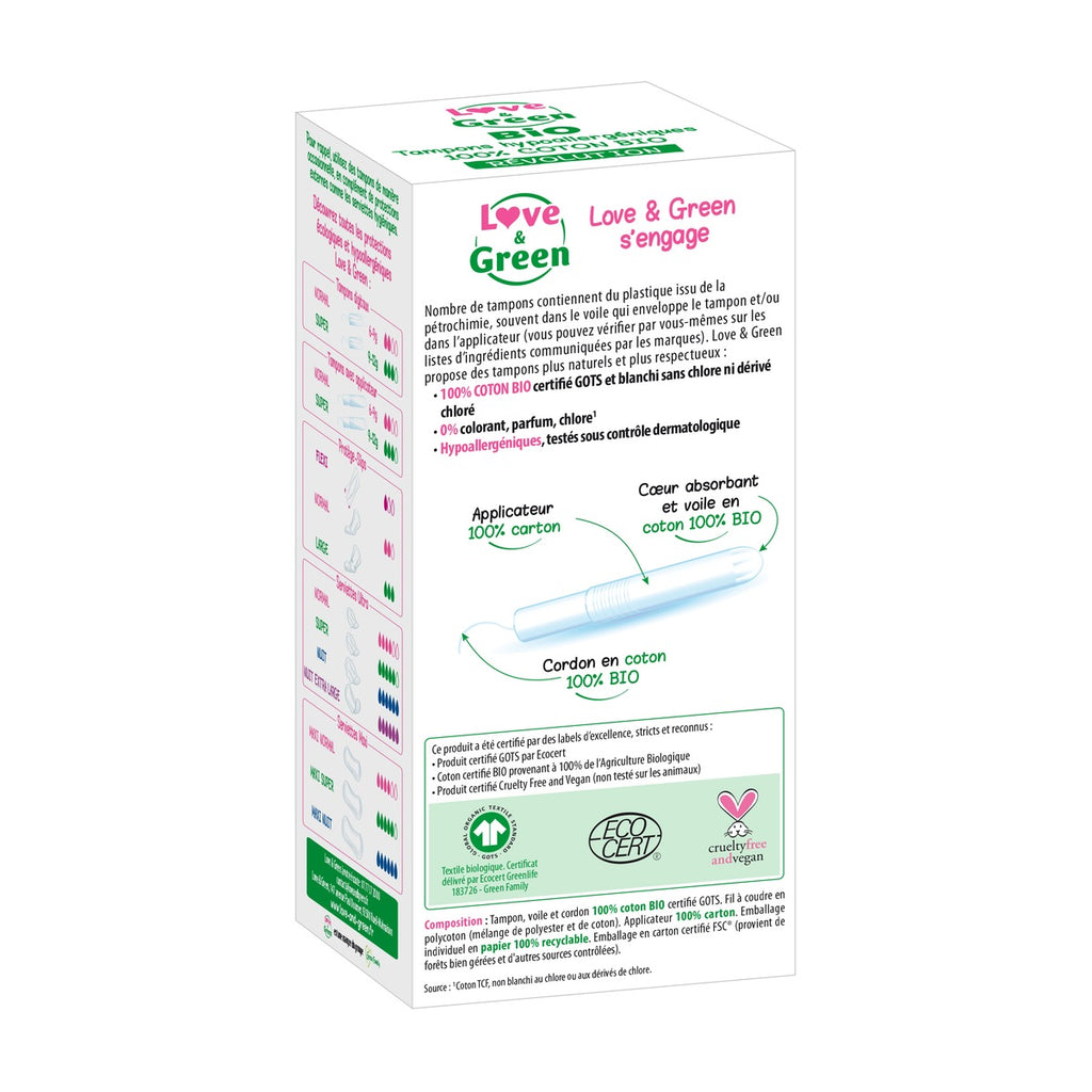 Tampons 100% Coton Bio Hypoallergéniques Et Écologiques Avec Applicateur "Super" X 14