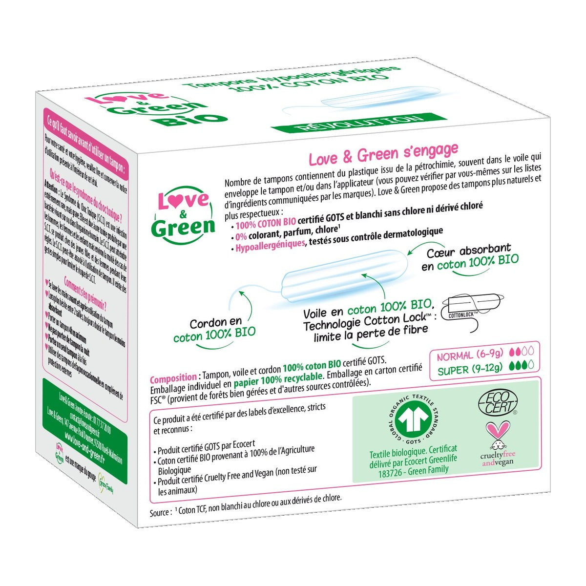 Tampons 100% Coton Bio Hypoallergéniques Et Écologiques Digitaux "Super" X 16