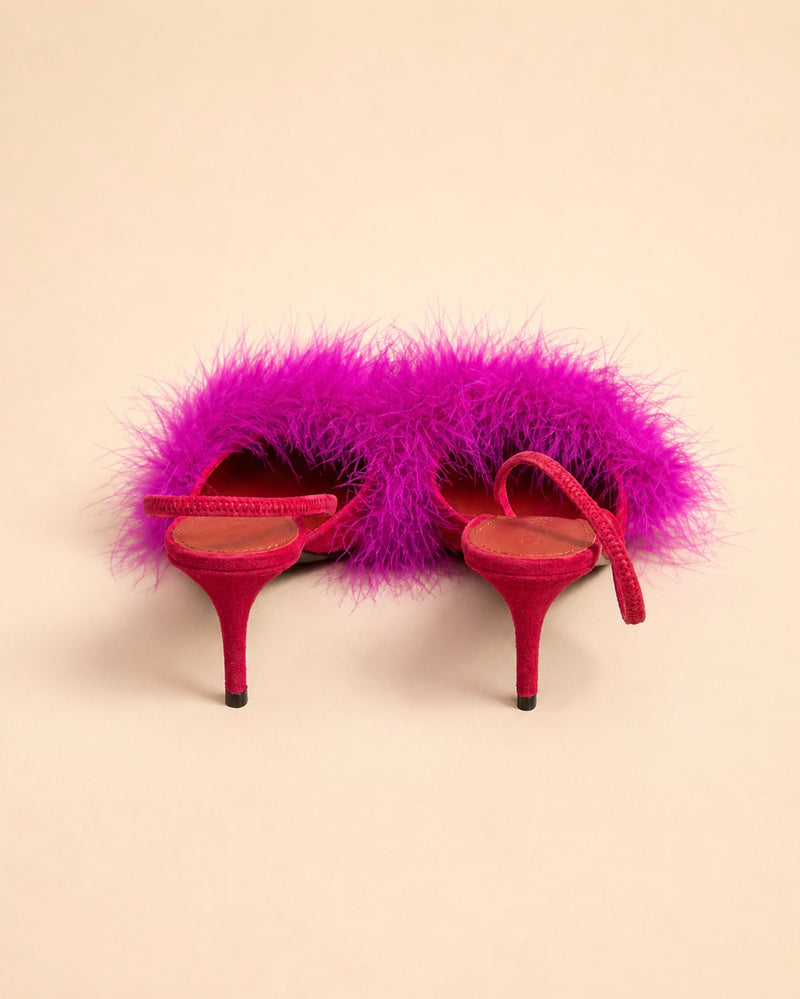 Pia Sling In Red Suede & Purple Turkey Feathers