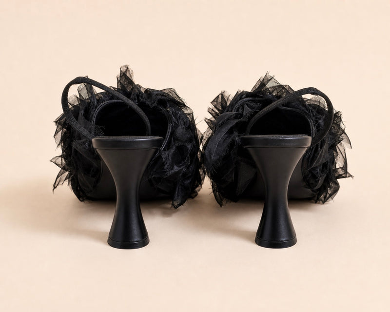 Pia Sling In Black Suede & Turkey Feathers
