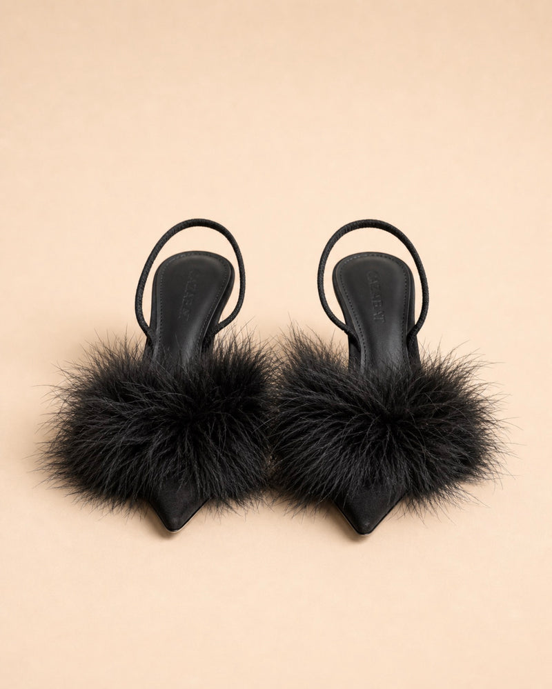 Pia Sling In Black Suede & Turkey Feathers