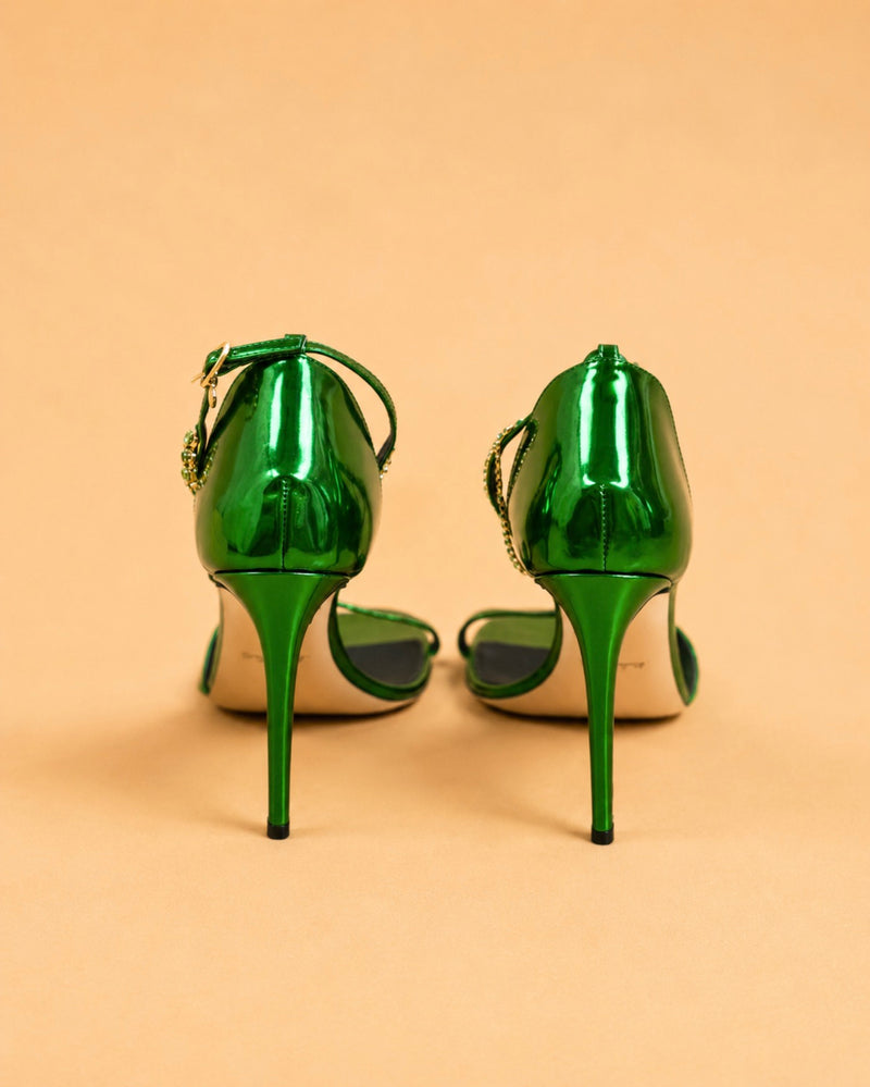 Ora Sandal In Green Mirrored Leather
