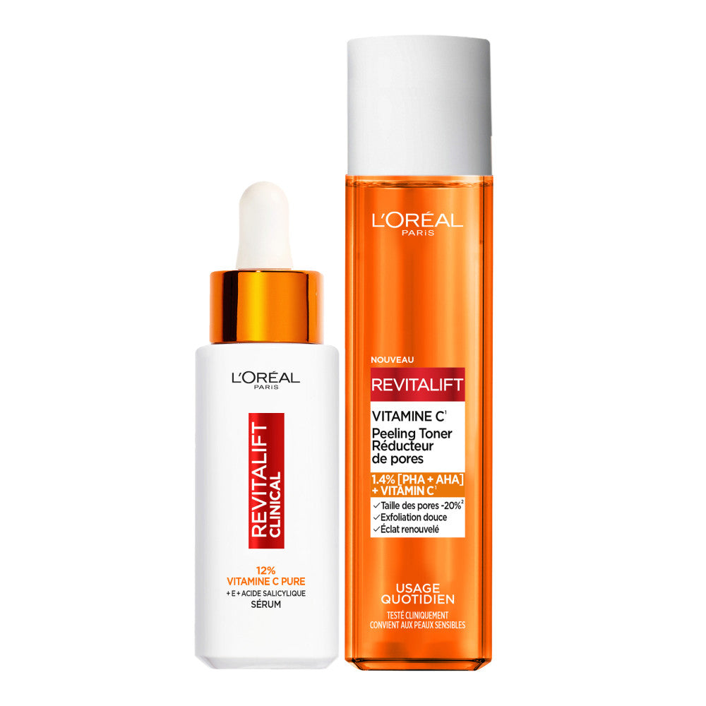 Routine Eclat Sérum Vitamine C Teint Lumineux + Peeling Toner Réducteur De Pores Vitamine C