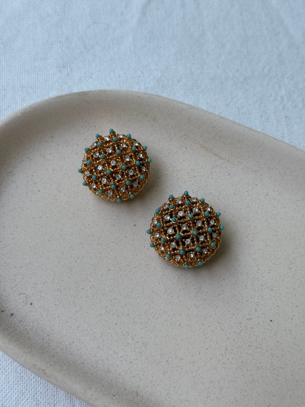 Boucles D’Oreilles Carven Vintage - Strass Et Cabochons Turquoises