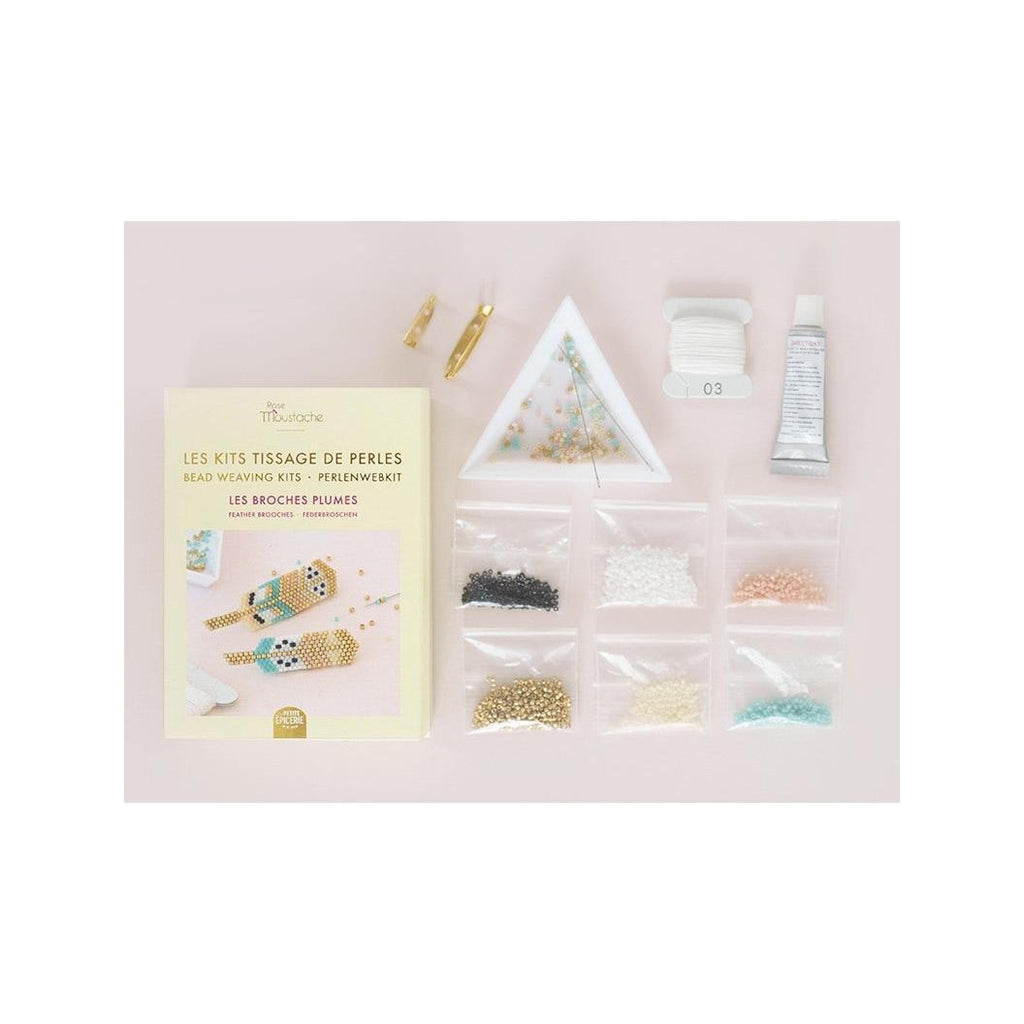 Pink Mustache Kit - Miyuki Bead Weaving - Feather Brooches