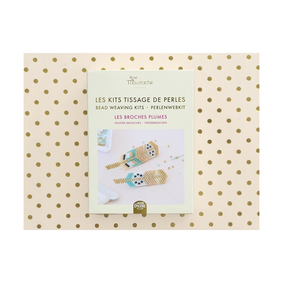 Pink Mustache Kit - Miyuki Bead Weaving - Feather Brooches