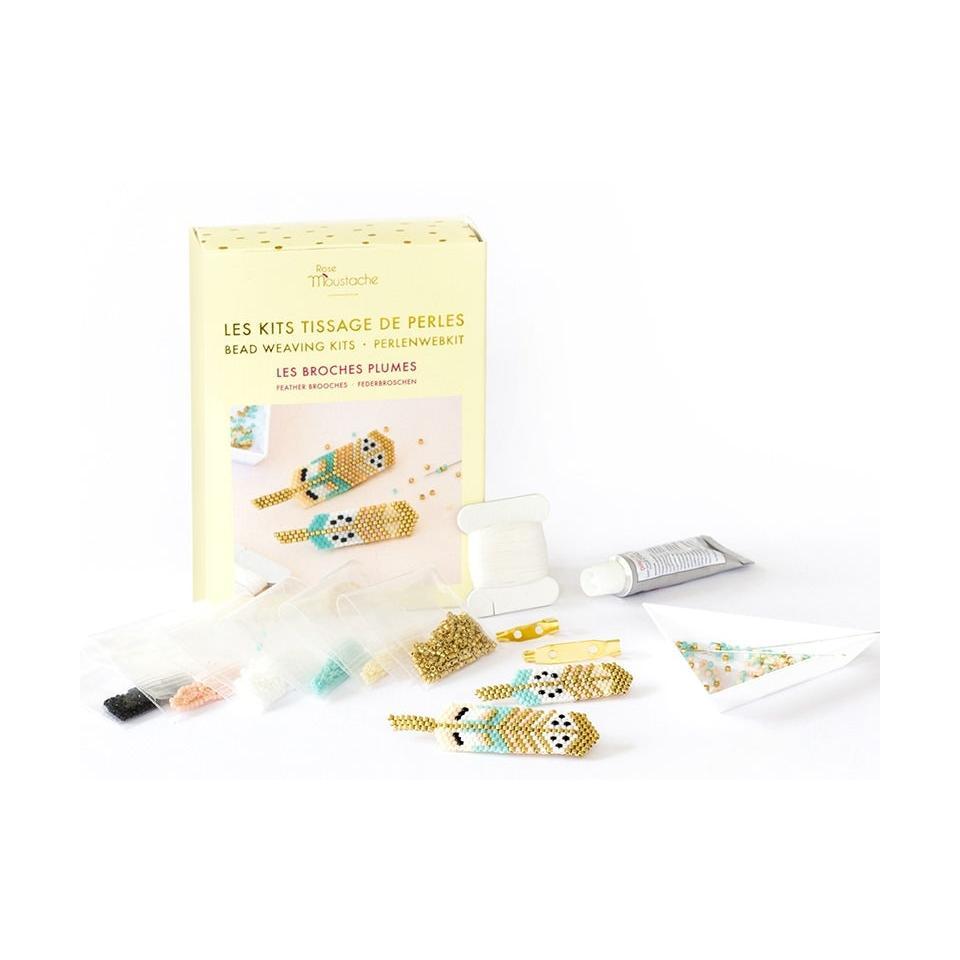 Pink Mustache Kit - Miyuki Bead Weaving - Feather Brooches