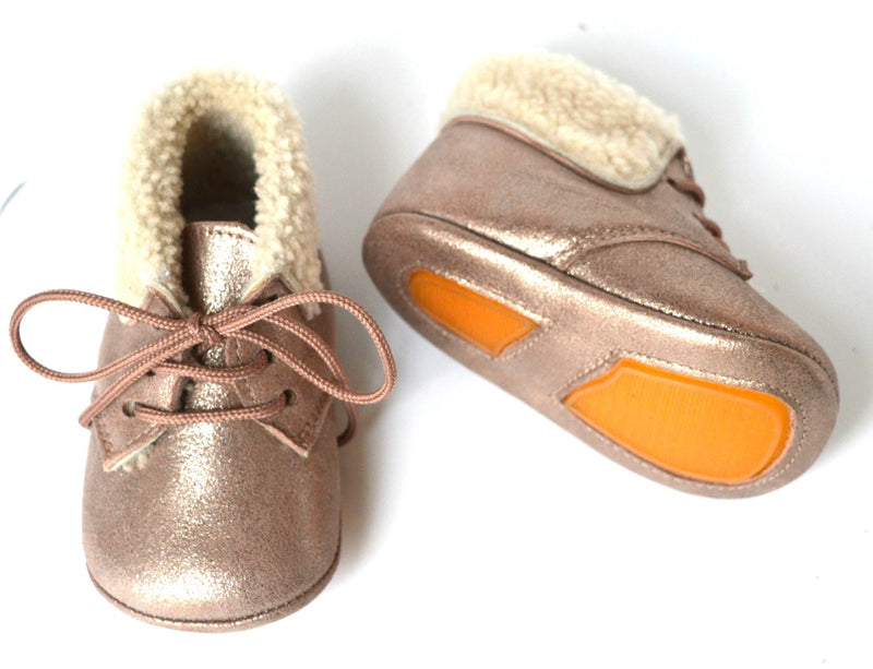 Chaussons Bébé Souples Fourrés Antidérapants Mini-Arthur - Cuir Nude Irisé - Fille