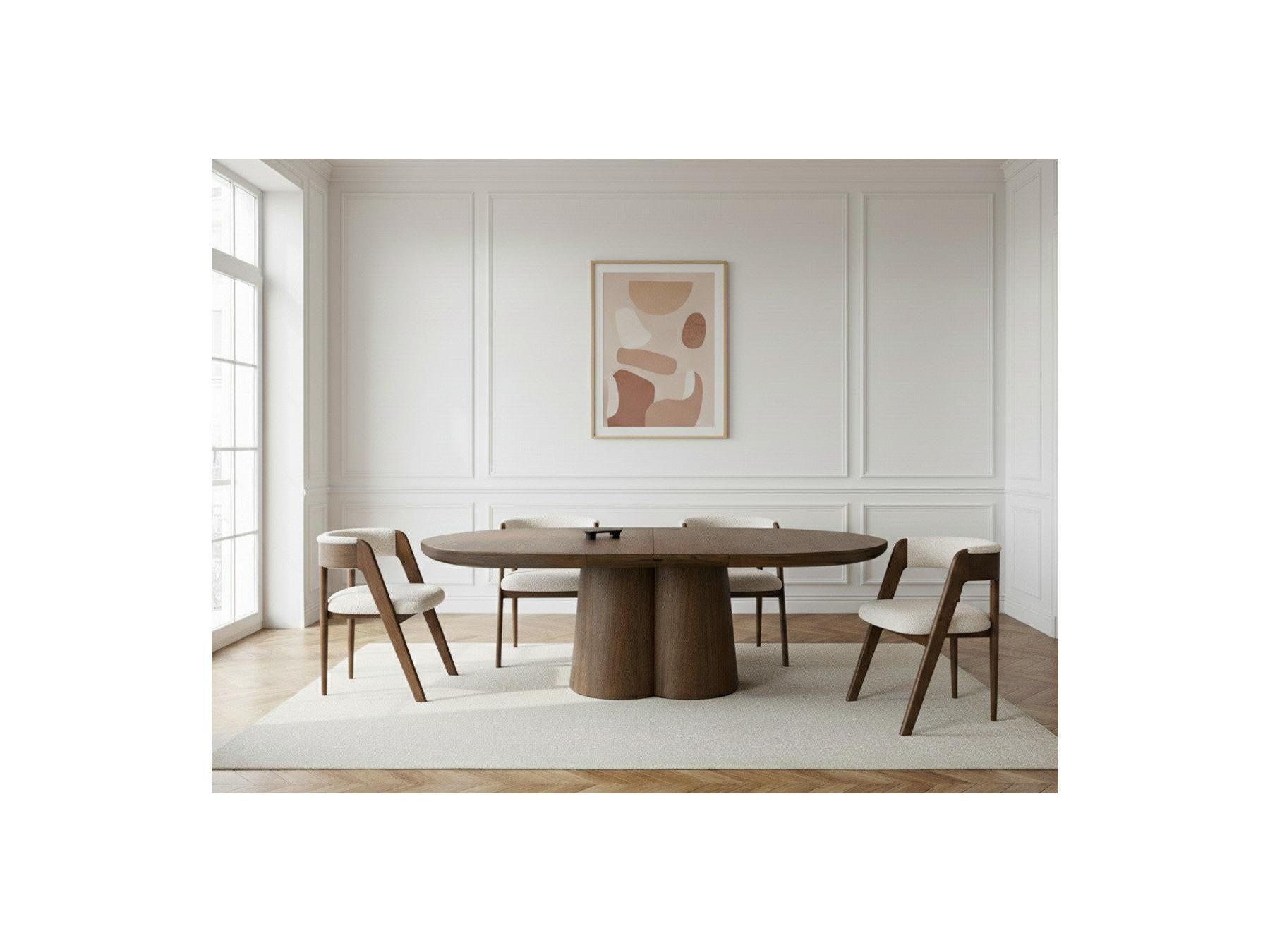 Sugiton - Set with Extendable Round Dining Table 130 to 180 cm + Set of Bastide Solid Oak Veneer Chairs - Set of 4 Chairs