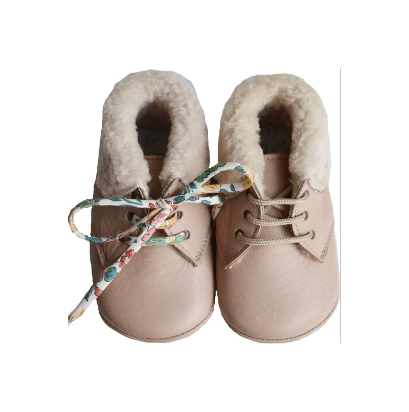 Chaussons Bébé Souples Fourrés Antidérapants Mini-Arthur - Cuir Rose Nude - Fille
