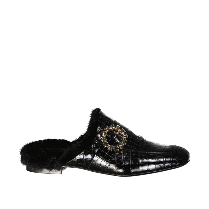 Eleventy Leather Fur Mules
