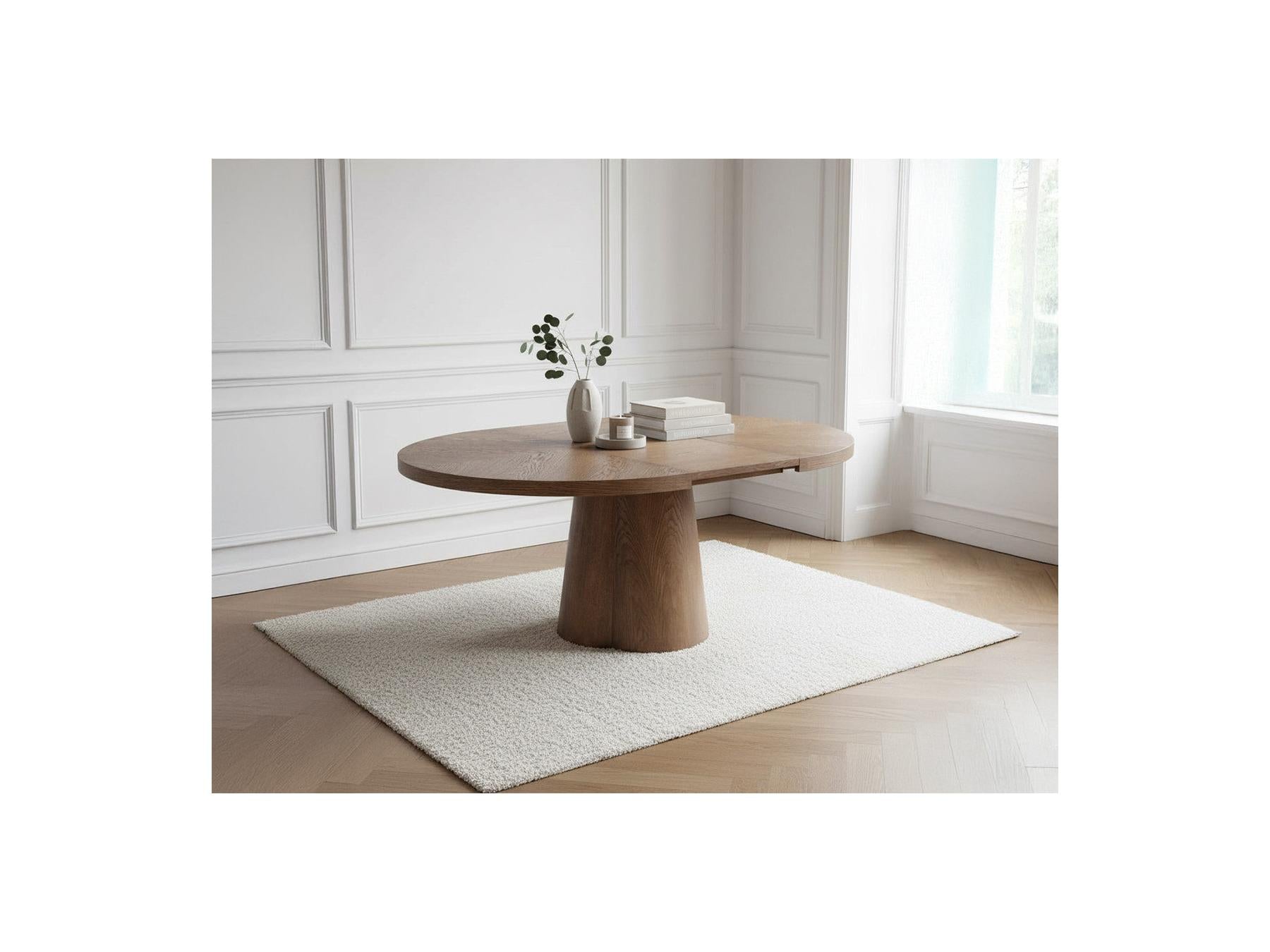 Sugiton - Set with Extendable Round Dining Table 130 to 180 cm + Set of Bastide Solid Oak Veneer Chairs - Set of 4 Chairs