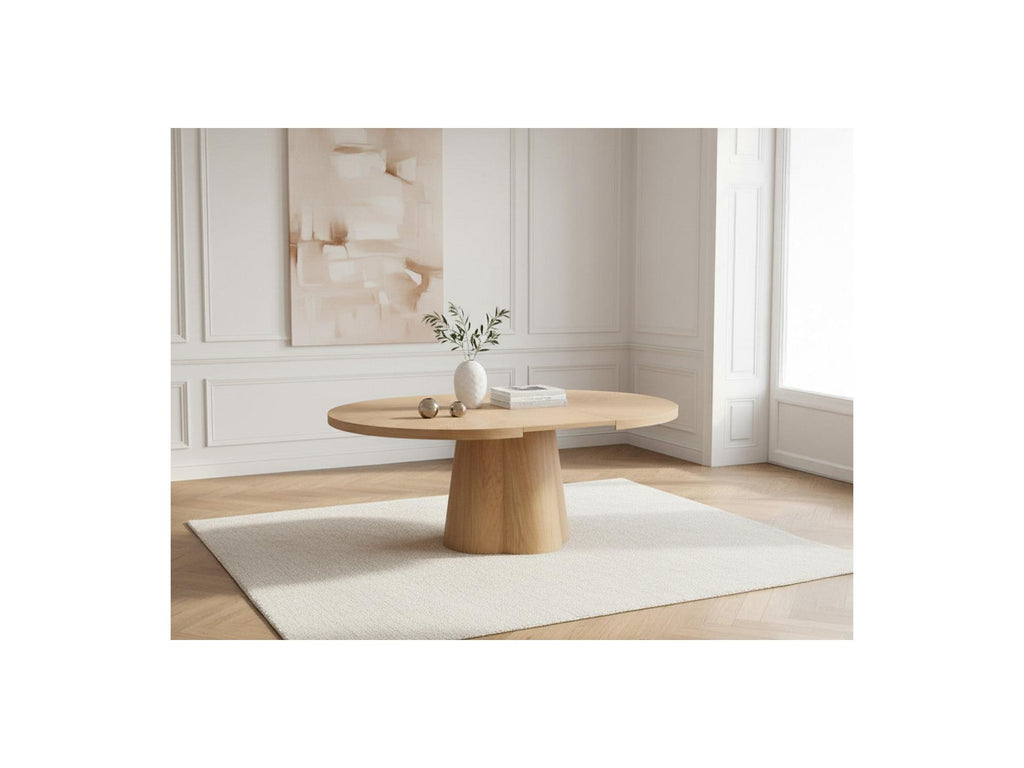 Sugiton - Set with Extendable Round Dining Table 130 to 180 cm + Set of Bastide Solid Oak Veneer Chairs - Set of 6 Chairs