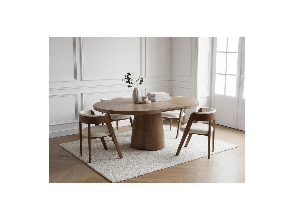 Sugiton - Set with Extendable Round Dining Table 130 to 180 cm + Set of Bastide Solid Oak Veneer Chairs - Set of 4 Chairs