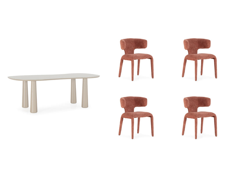 Sasha - Conjunto - Con mesa de comedor ovalada beige + sillas de tela texturizada Mila - Conjunto de 4 sillas