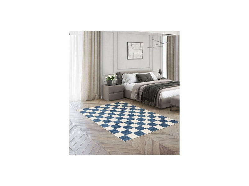 Tapis Poils Ras - Gaelle - Motif Damier - Bleu