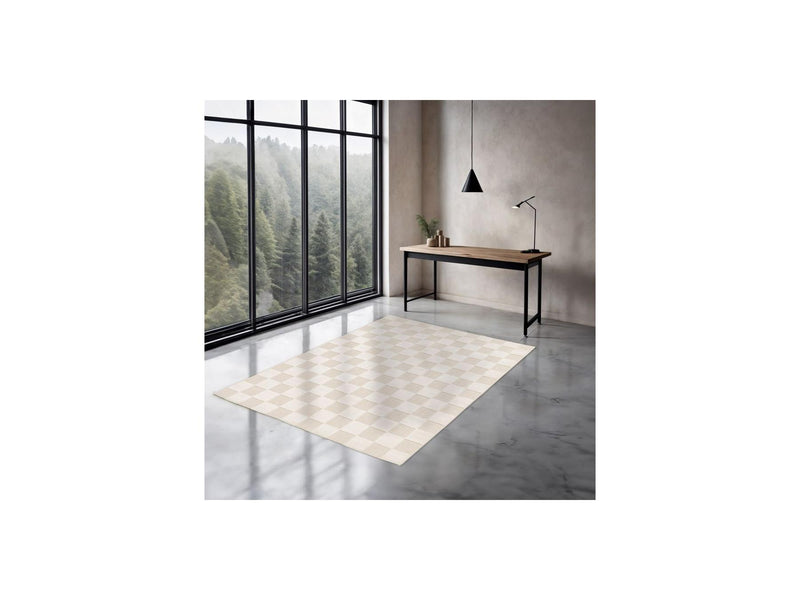 Tapis Poils Ras - Gabrielle - Motif Damier - Blanc
