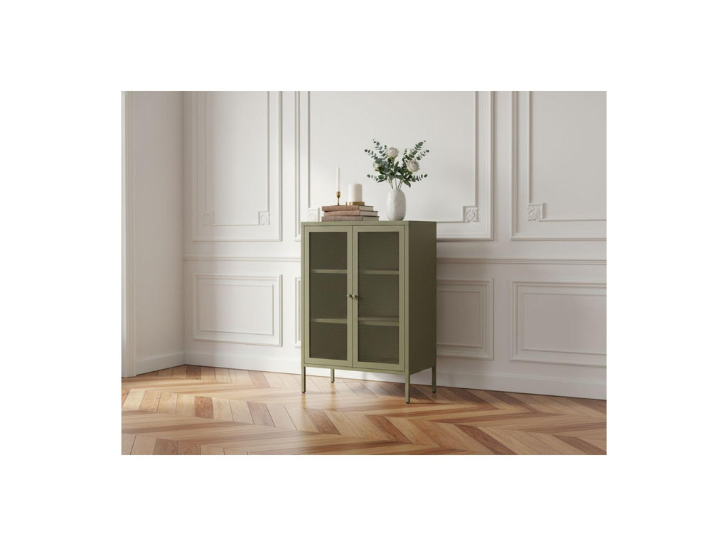 Clara - Mueble de TV de metal con 4 puertas, 160 cm + Aparador alto de metal con 2 puertas, 70 cm + Mesa de centro de metal, 100 cm Edición limitada