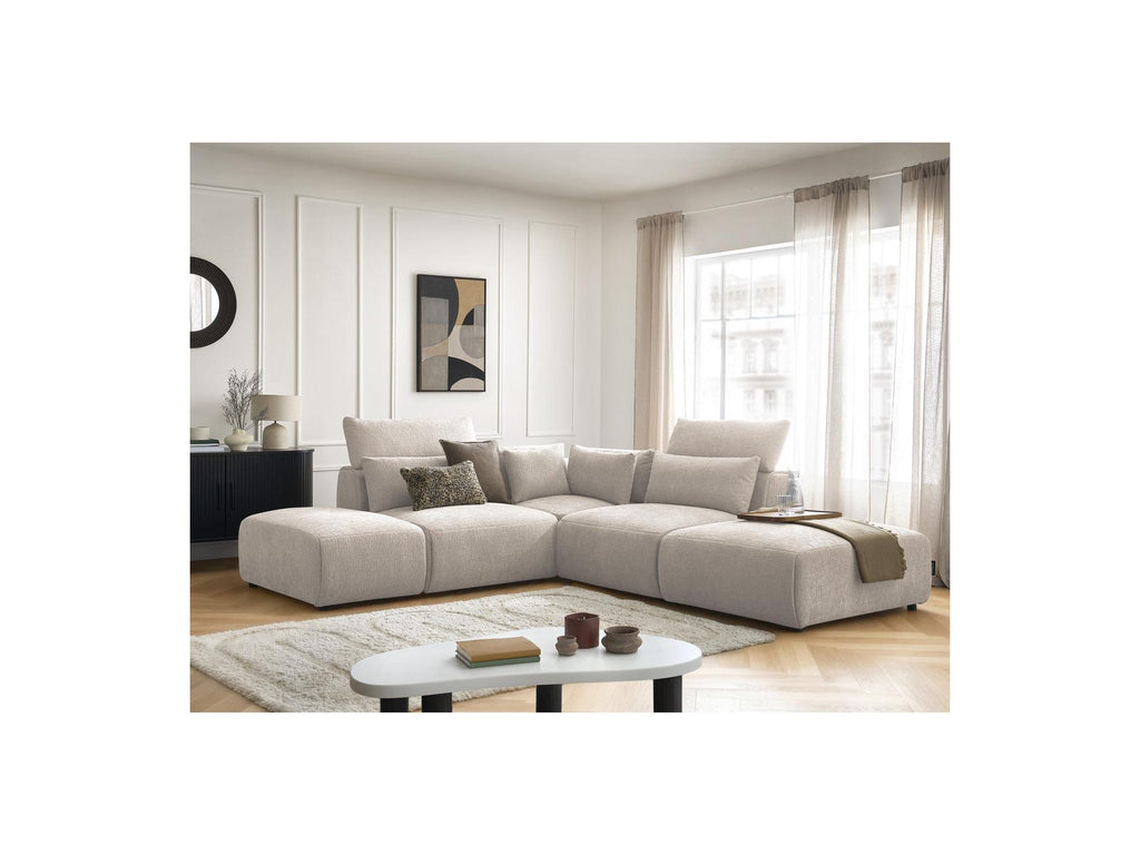 Jana - Modular Fixed Corner Sofa with Headrests - Textured Fabric with 2 Chaise Lounges, 1 Corner and 2 Pouffes - Reversible