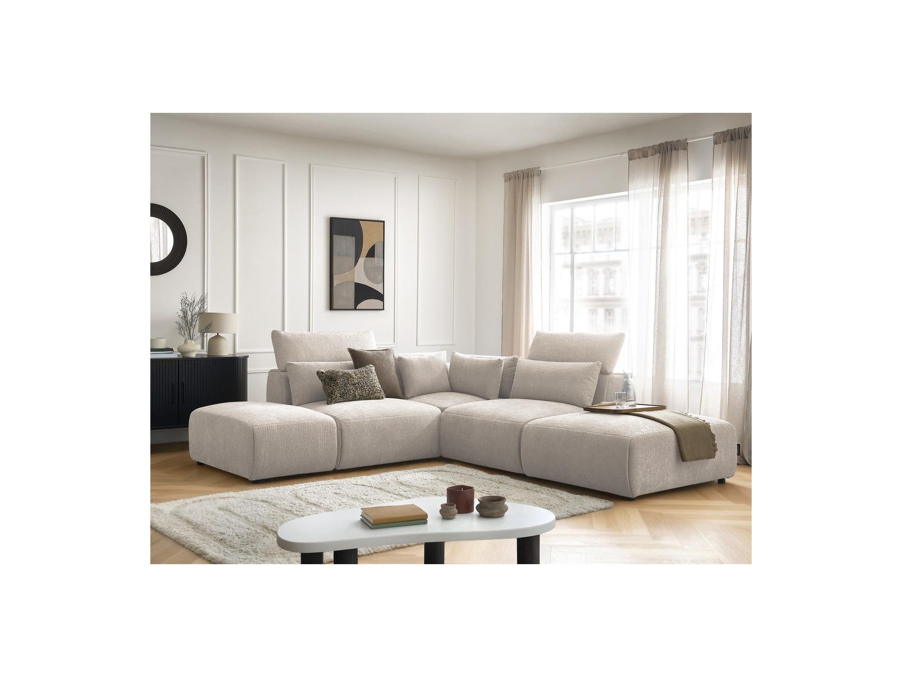 Jana - Modular Fixed Corner Sofa with Headrests - Textured Fabric with 2 Chaise Lounges, 1 Corner and 2 Pouffes - Reversible