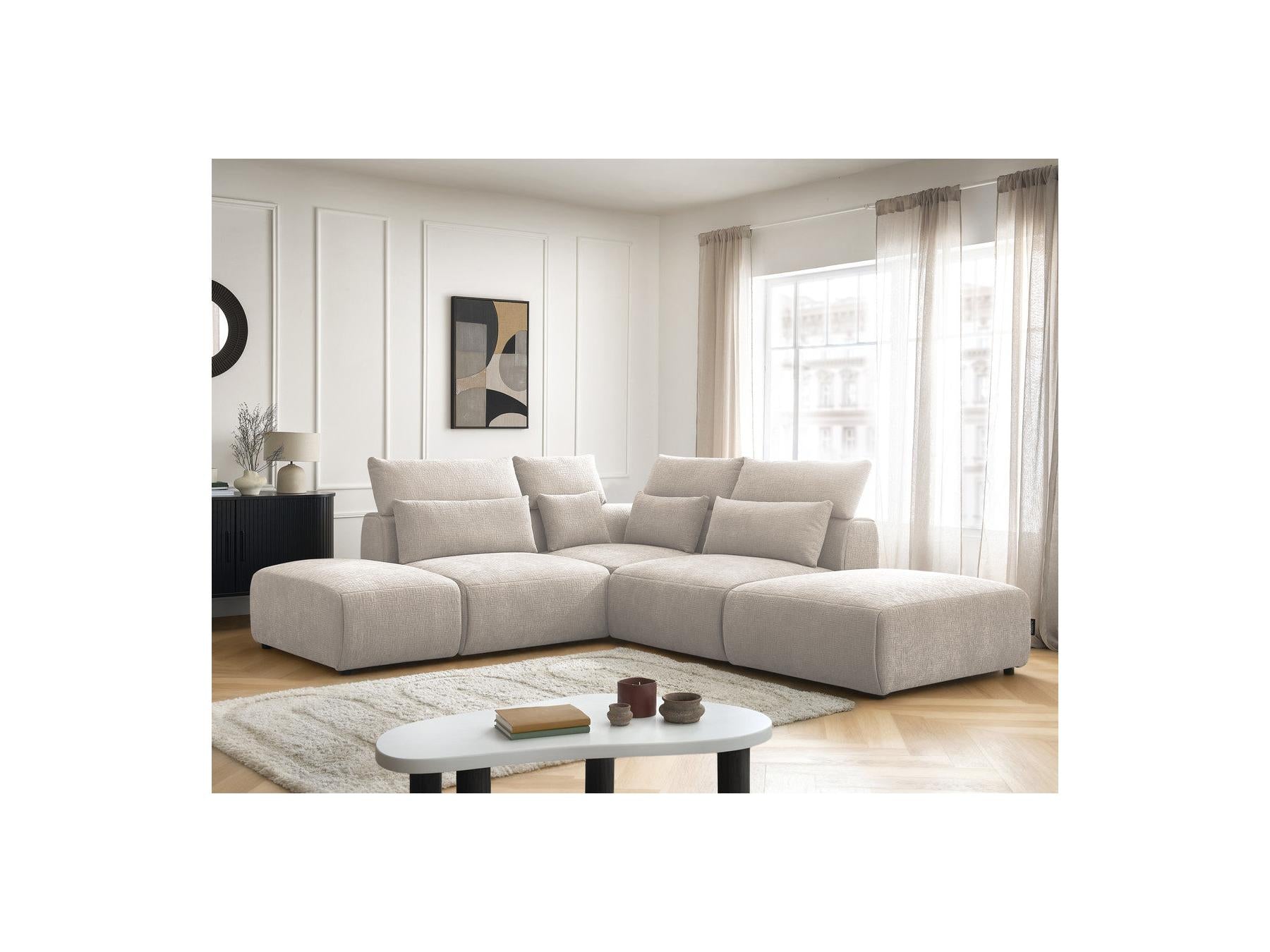 Jana - Modular Fixed Corner Sofa with Headrests - Textured Fabric with 2 Chaise Lounges, 1 Corner and 2 Pouffes - Reversible