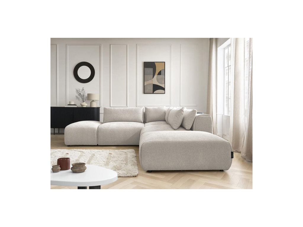 Jana - Modular Fixed Corner Sofa with Headrests - Textured Fabric with 2 Chaise Lounges, 1 Corner and 2 Pouffes - Reversible