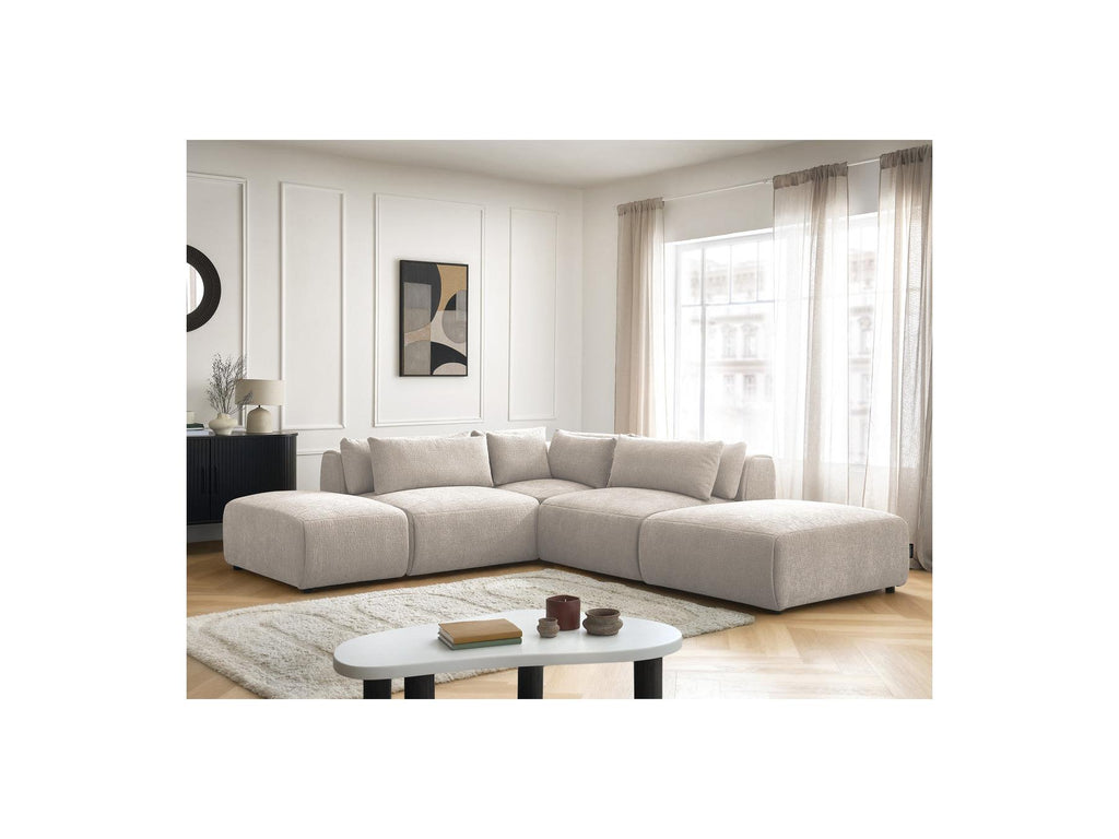 Jana - Modular Fixed Corner Sofa with Headrests - Textured Fabric with 2 Chaise Lounges, 1 Corner and 2 Pouffes - Reversible