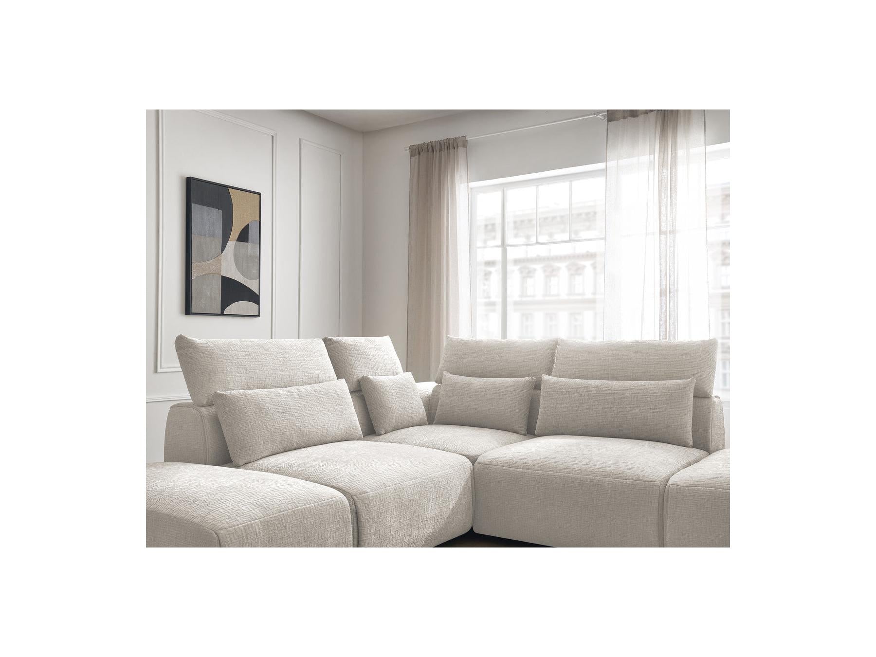 Jana - Modular Fixed Corner Sofa with Headrests - Textured Fabric with 2 Chaise Lounges, 1 Corner and 2 Pouffes - Reversible