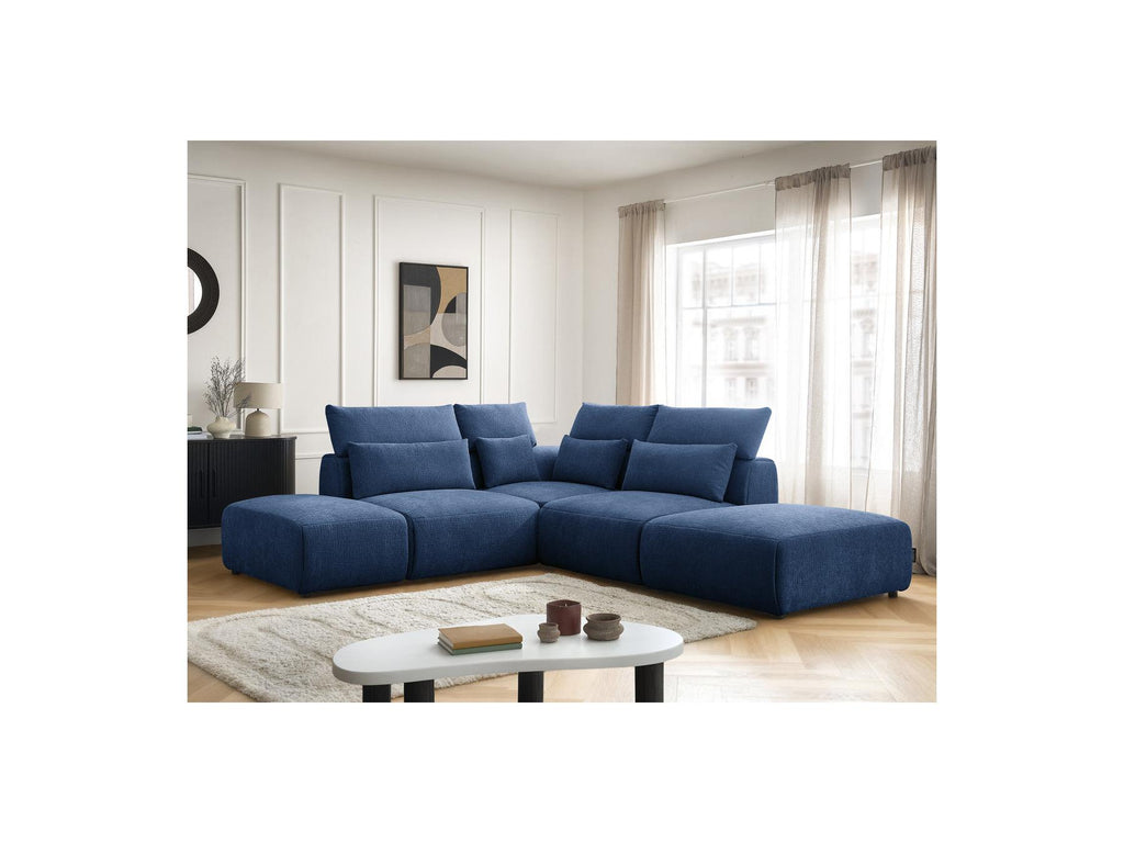 Jana - Modular Fixed Corner Sofa with Headrests - Textured Fabric with 2 Chaise Lounges, 1 Corner and 2 Pouffes - Reversible
