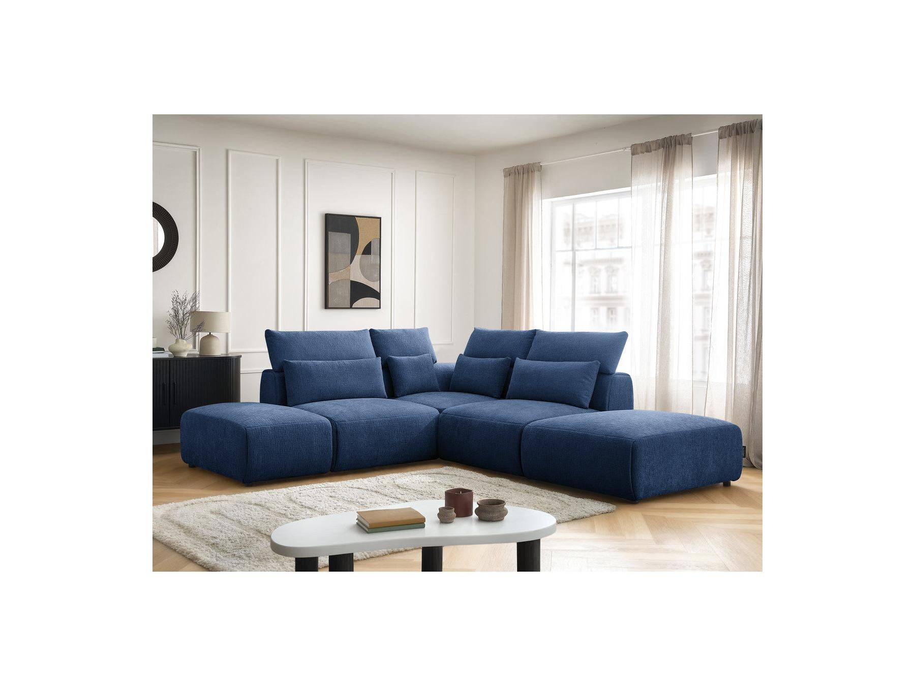 Jana - Modular Fixed Corner Sofa with Headrests - Textured Fabric with 2 Chaise Lounges, 1 Corner and 2 Pouffes - Reversible