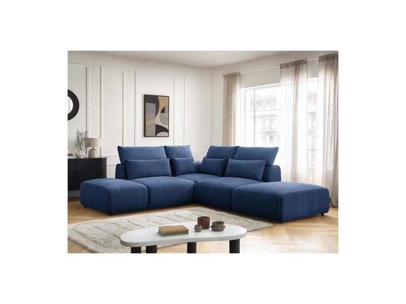 Jana - Sofá esquinero modular fijo con reposacabezas - Tela texturizada con 2 sillones bajos, 1 esquinero y 2 pufs - Reversible