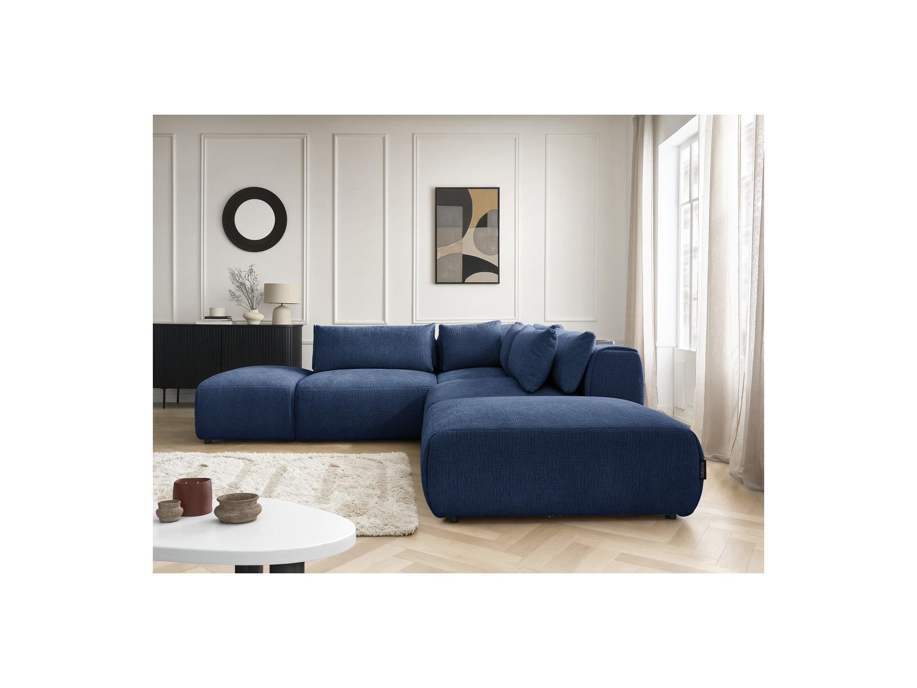 Jana - Modular Fixed Corner Sofa with Headrests - Textured Fabric with 2 Chaise Lounges, 1 Corner and 2 Pouffes - Reversible