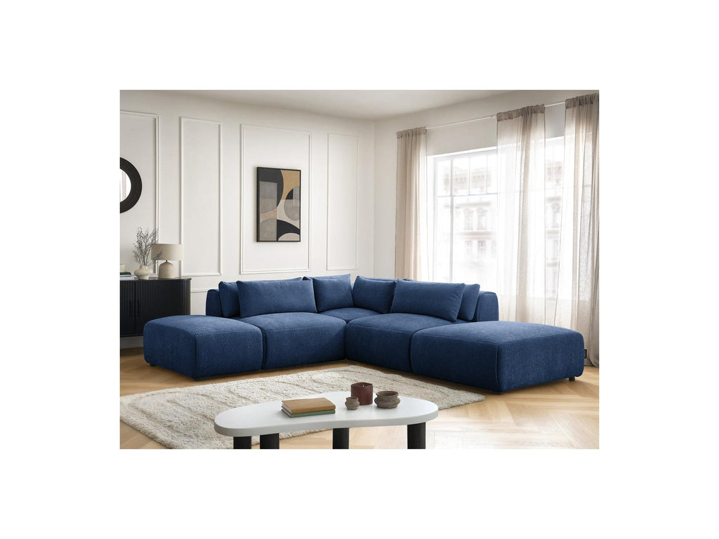 Jana - Modular Fixed Corner Sofa with Headrests - Textured Fabric with 2 Chaise Lounges, 1 Corner and 2 Pouffes - Reversible