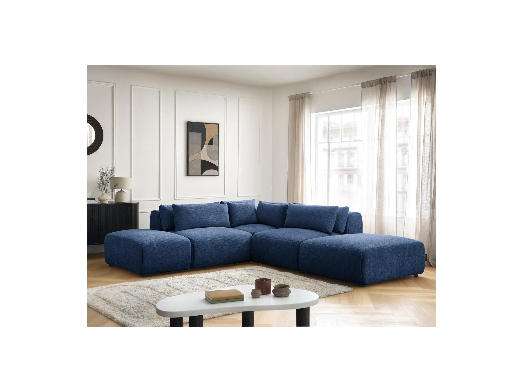 Jana - Modular Fixed Corner Sofa with Headrests - Textured Fabric with 2 Chaise Lounges, 1 Corner and 2 Pouffes - Reversible
