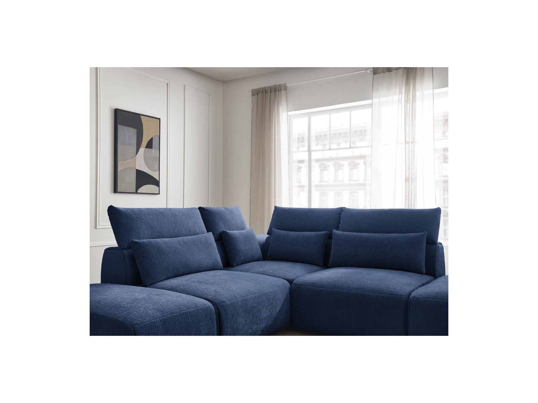 Jana - Modular Fixed Corner Sofa with Headrests - Textured Fabric with 2 Chaise Lounges, 1 Corner and 2 Pouffes - Reversible