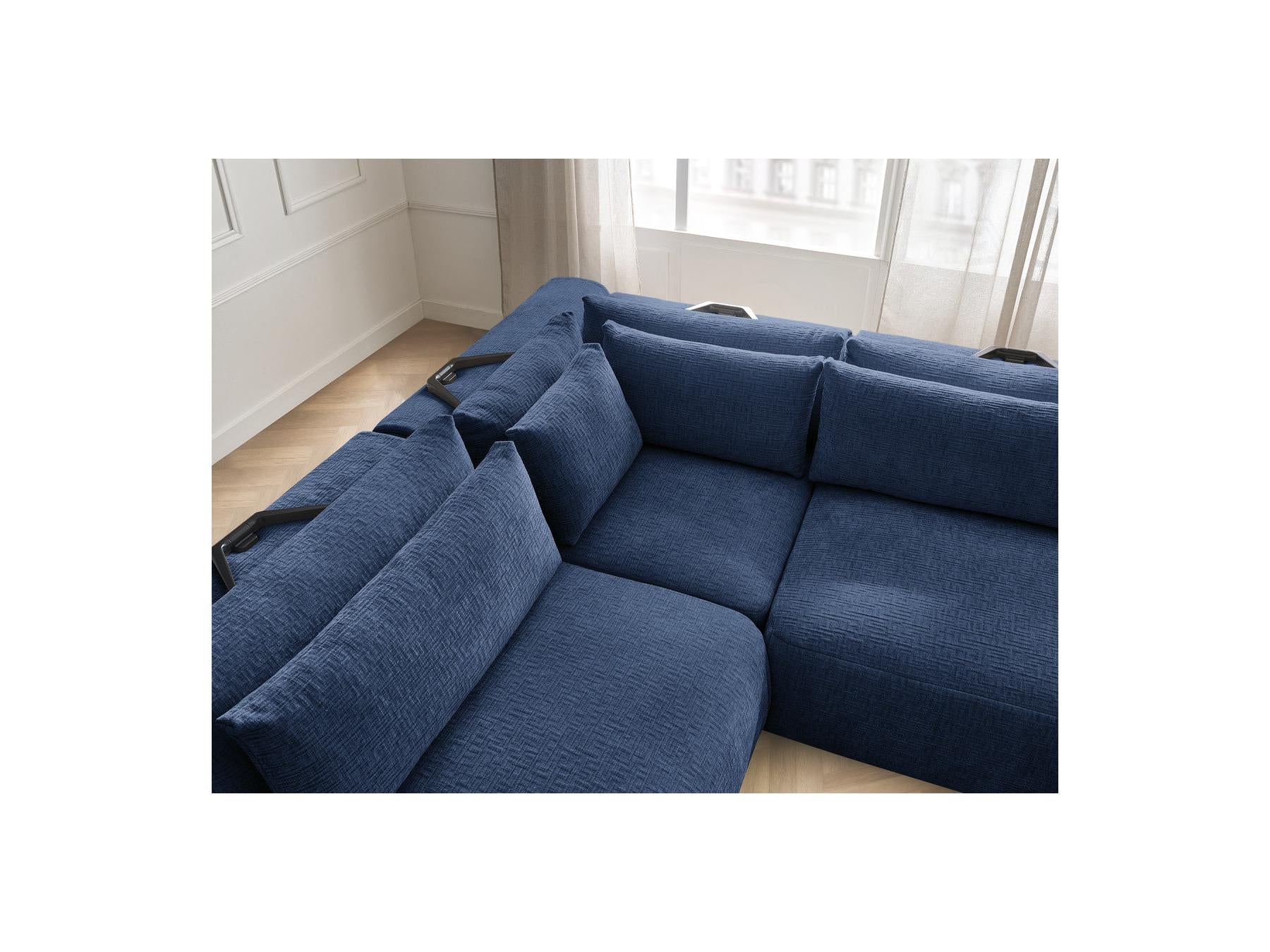 Jana - Modular Fixed Corner Sofa with Headrests - Textured Fabric with 2 Chaise Lounges, 1 Corner and 2 Pouffes - Reversible