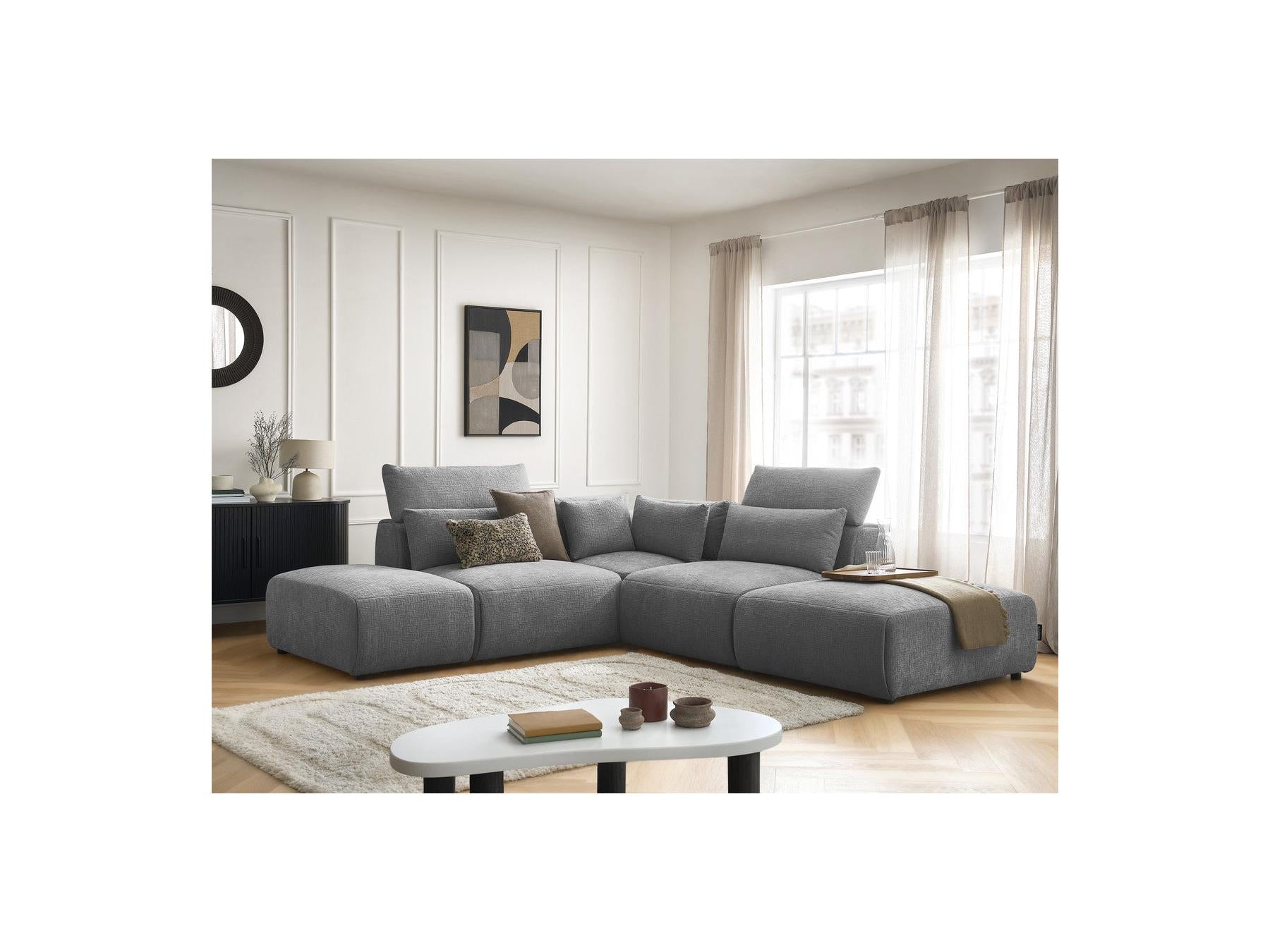 Jana - Modular Fixed Corner Sofa with Headrests - Textured Fabric with 2 Chaise Lounges, 1 Corner and 2 Pouffes - Reversible