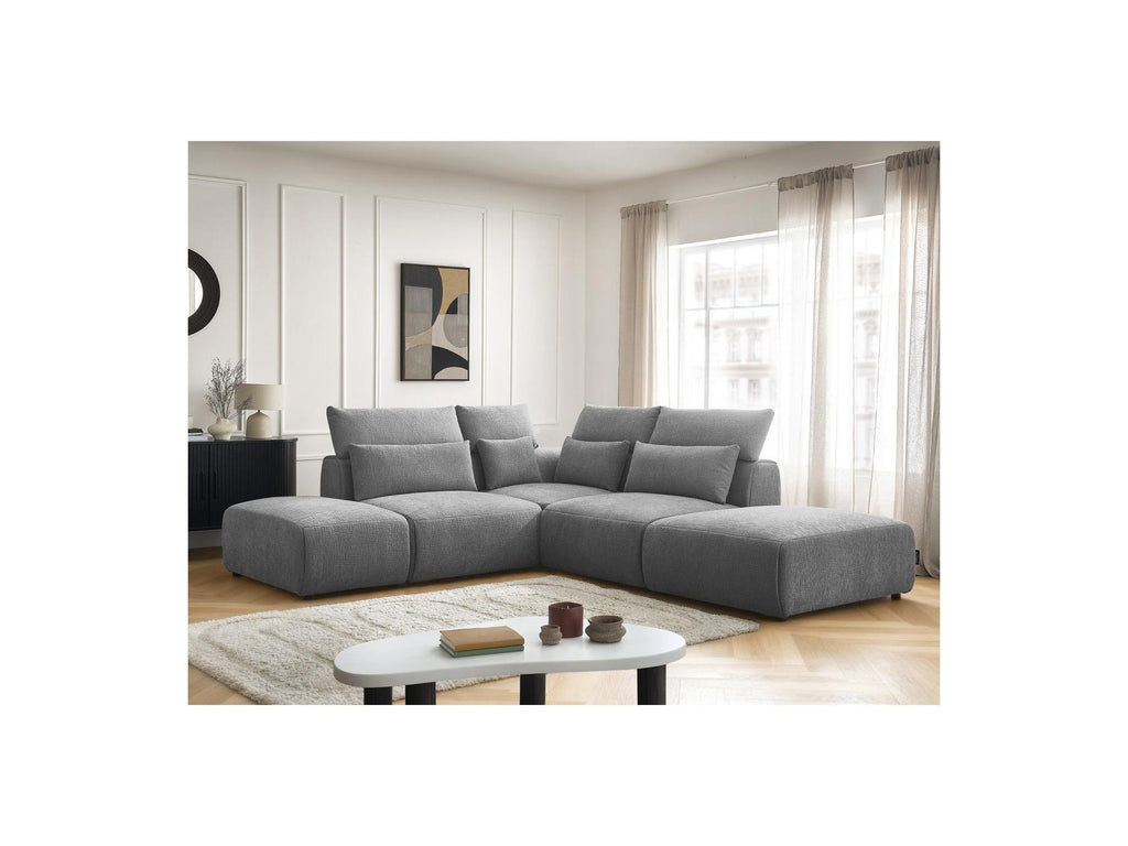 Jana - Modular Fixed Corner Sofa with Headrests - Textured Fabric with 2 Chaise Lounges, 1 Corner and 2 Pouffes - Reversible