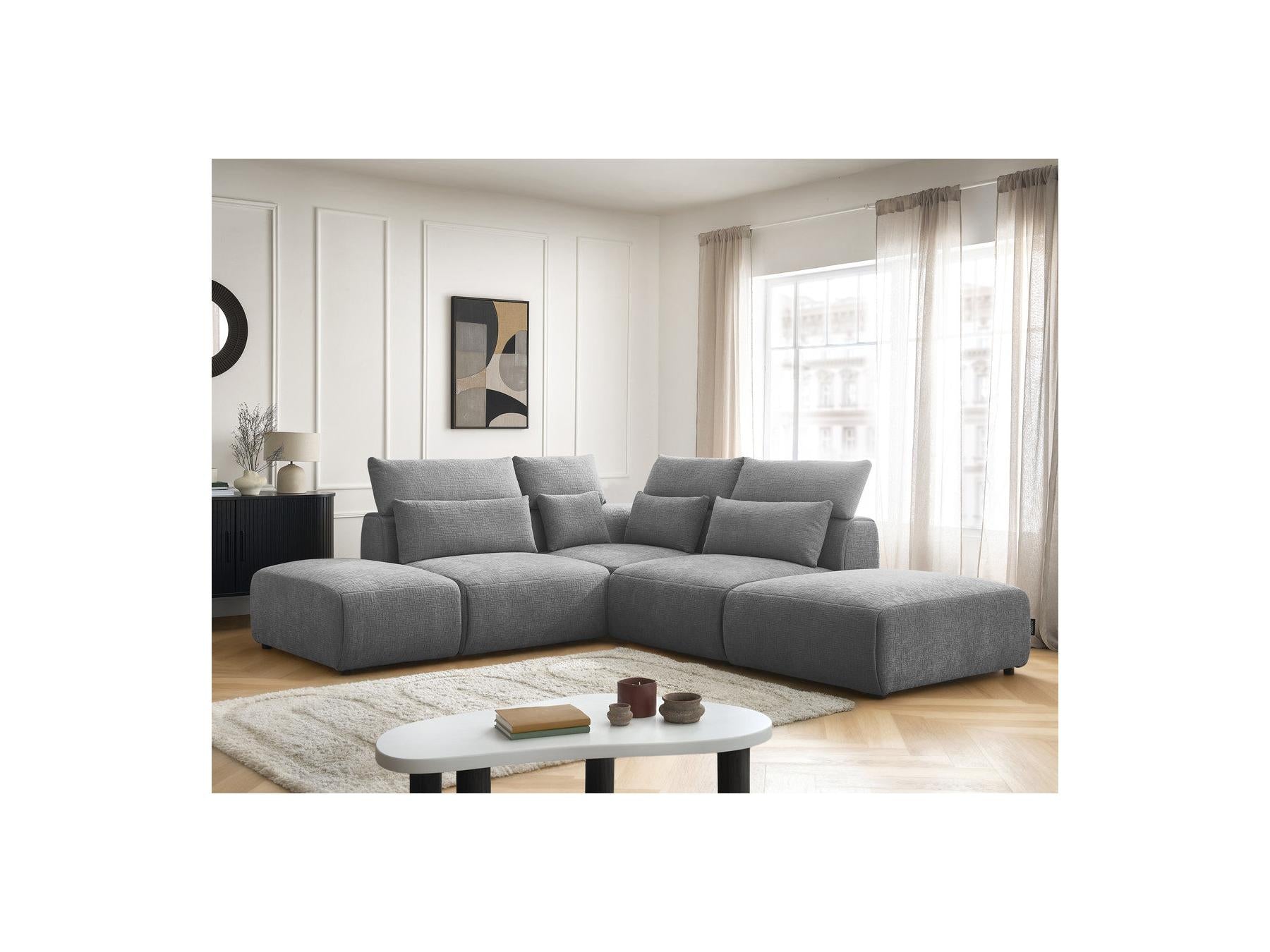 Jana - Modular Fixed Corner Sofa with Headrests - Textured Fabric with 2 Chaise Lounges, 1 Corner and 2 Pouffes - Reversible