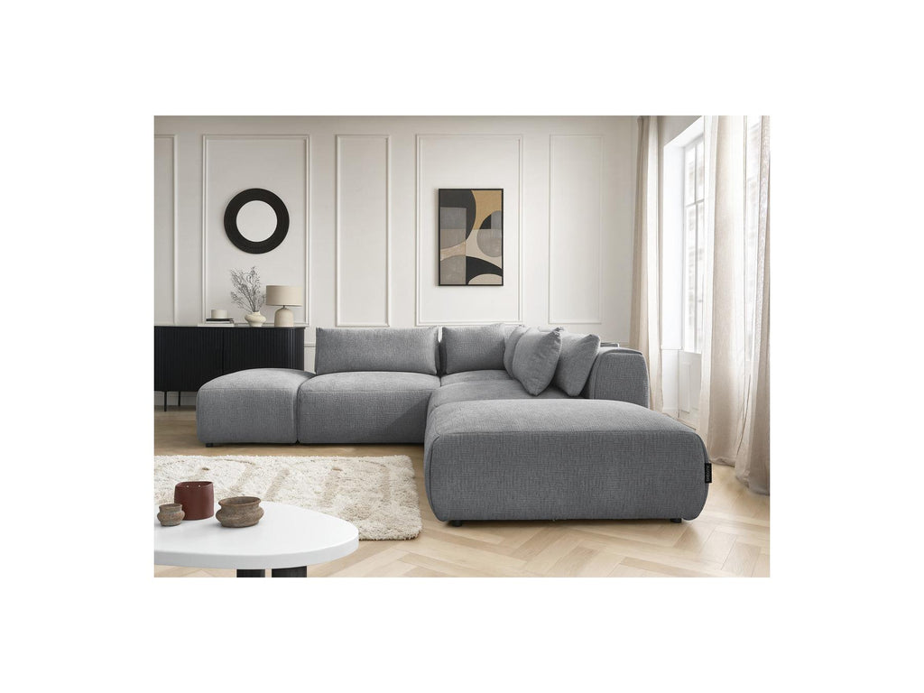 Jana - Modular Fixed Corner Sofa with Headrests - Textured Fabric with 2 Chaise Lounges, 1 Corner and 2 Pouffes - Reversible