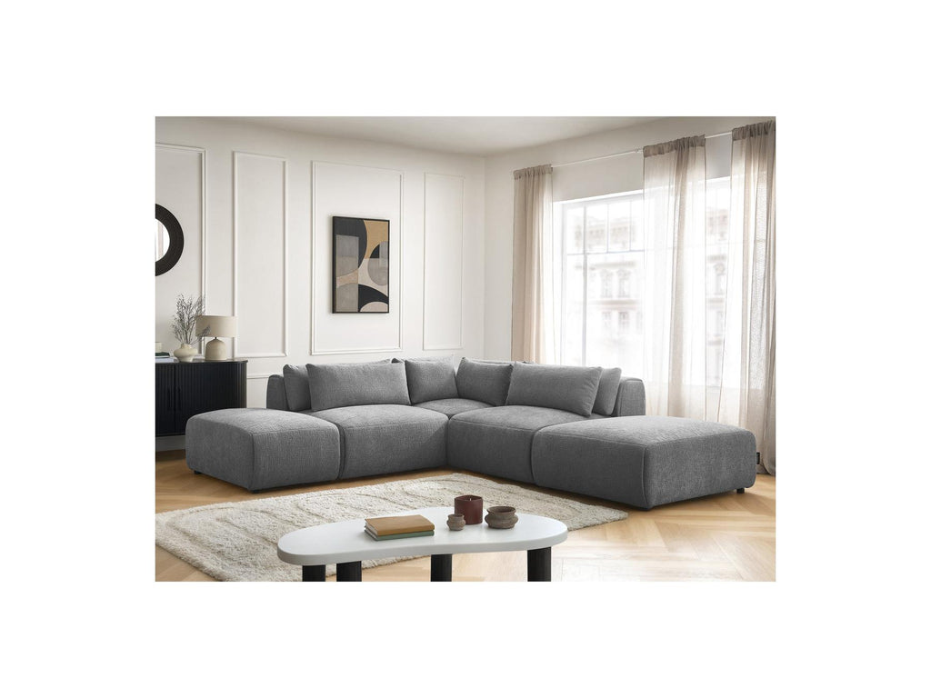 Jana - Modular Fixed Corner Sofa with Headrests - Textured Fabric with 2 Chaise Lounges, 1 Corner and 2 Pouffes - Reversible